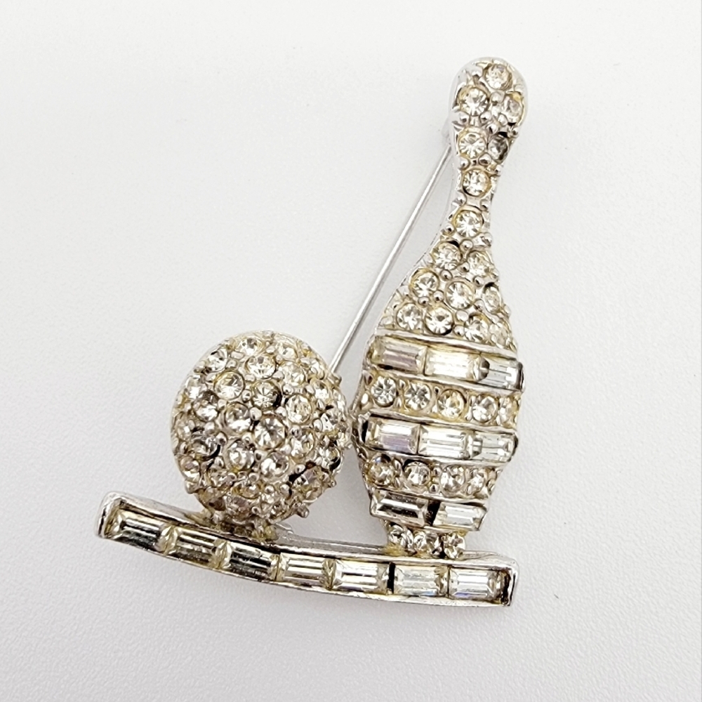 Elegant Silver Rhinestone Bowling Pin and Ball Brooch